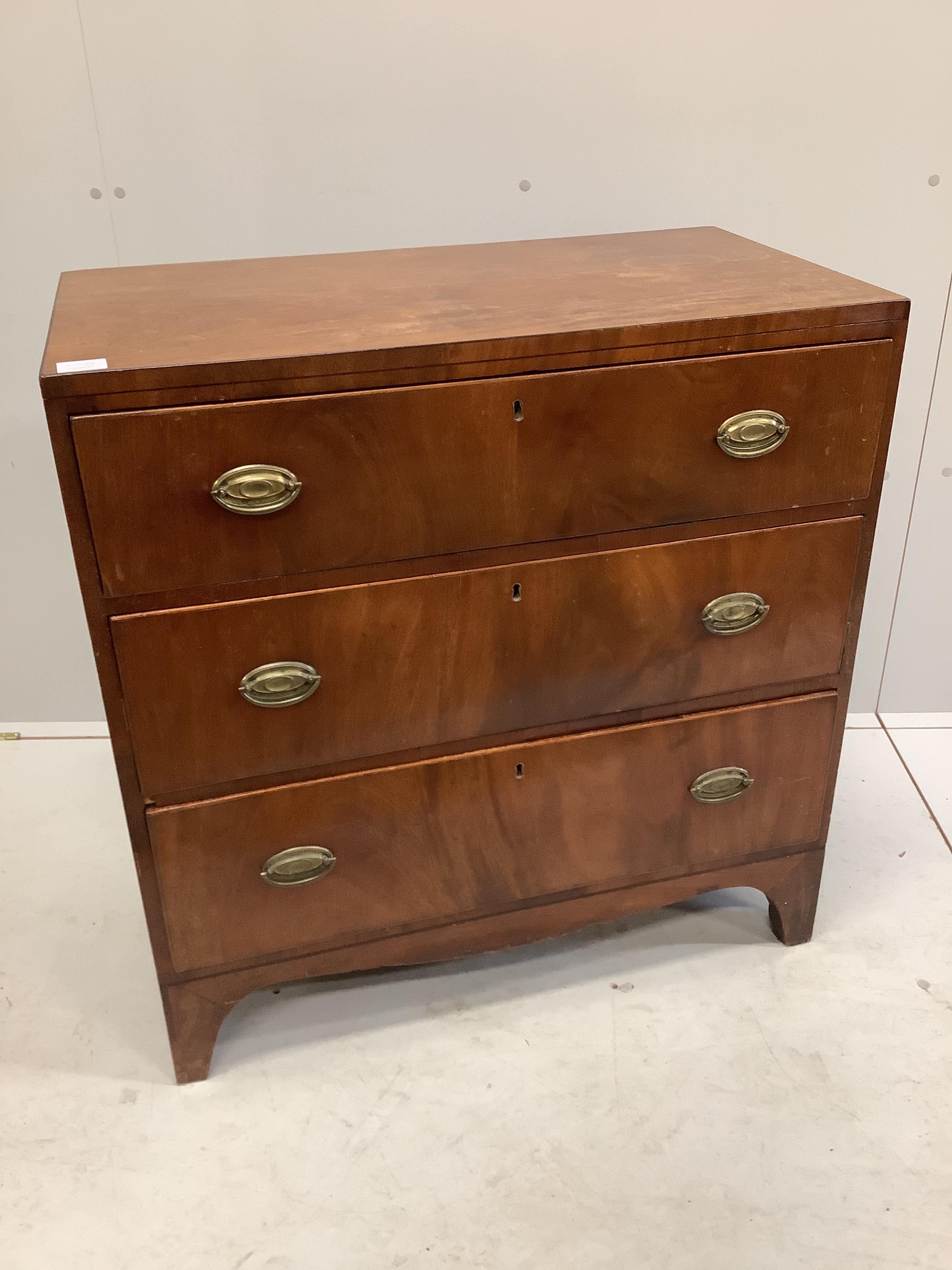 A small Regency mahogany three drawer chest, width 82cm, depth 45cm, height 85cm